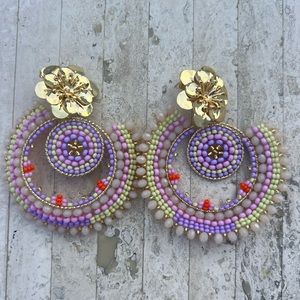 Handmade Colombian lavender flower beaded Statement Earrings - Light Weight!